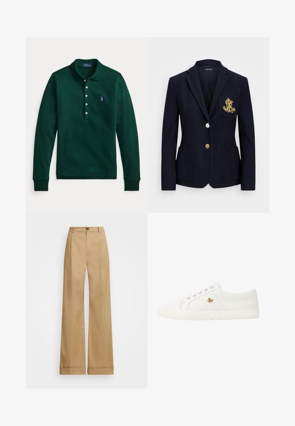 Námořnický blazer s texturovanou tkaninou, zlatými kovovými detaily, zapínáním na jeden knoflík a náprsní kapsou s vyšitým logem.; Zelené polo tričko s dlouhým rukávem z bavlny. Má složený límec, pět knoflíků na rozepínání a fialové logo na levé straně hrudi.; Béžové kalhoty širokého střihu s knoflíkovým zapínáním, které mají hladkou strukturu a stlačené záhyby. Manžety na nohavicích pro zvýraznění detailu.; Lauren Ralph Lauren JANSON II CANVAS SNEAKER - Tenisky - optic white
