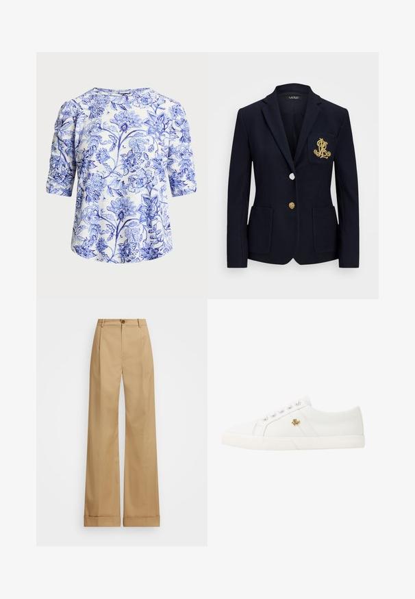 Ναυτικό σακάκι με υφή, χρυσά αξεσουάρ, κλείσιμο με ένα κουμπί και τσέπη στο στήθος που διαθέτει κεντημένο λογότυπο.; Λουλουδάτη μπλούζα με μπλε και λευκό σχέδιο, κατασκευασμένη από μαλακό ύφασμα. Έχει στρογγυλή λαιμόκοψη και μανίκια τριών τετάρτων.; Μπεζ παντελόνια με ευρεία κοπή και κλείσιμο με κουμπί, χαρακτηρισμένα από απαλή υφή και πιεσμένες πτυχές. Μανσετών στους αστραγάλους για επιπλέον λεπτομέρεια.; Lauren Ralph Lauren JANSON II CANVAS SNEAKER - Αθλητικά παπούτσια - optic white