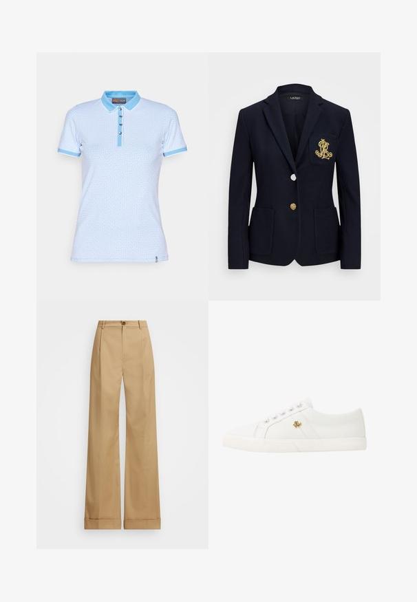 Granatowa marynarka z teksturowanej tkaniny, złotymi detalami, z jednym guzikowym zapięciem oraz kieszenią na piersi z haftowanym logo.; Jasnoniebieska koszulka polo wykonana z teksturowanej tkaniny, z zapięciem na guziki, kontrastującym kołnierzykiem oraz wykończeniami rękawów.; Beżowe spodnie o szerokich nogawkach z zapięciem na guzik, charakteryzujące się gładką teksturą i wyprasowanymi fałdami. Dodatkowo z mankietami dla lepszego wykończenia.; Lauren Ralph Lauren JANSON II CANVAS SNEAKER biały