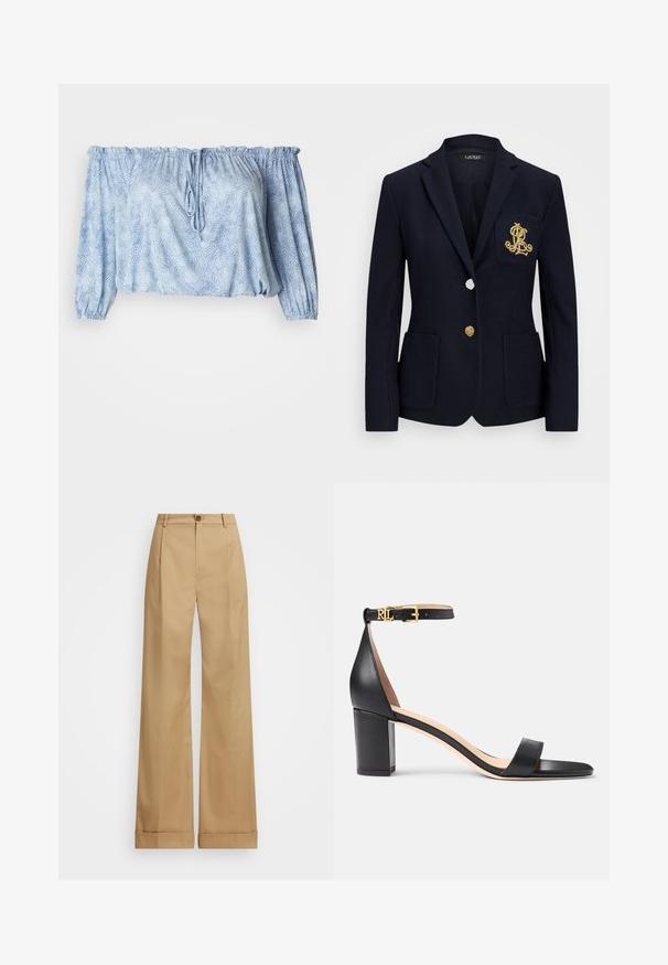 Marineblazer i teksturert stoff, med gullbeslag, enkel knappelukking og brystlomme med brodert logo.; Avskjert bluse i lys blå med teksturert mønster, rynkede ermer, snor i halsen og elastisk kant.; Beige vide bukser med knaplukning, som har en glat overflade og pressede folder. Med opsmøg for ekstra detaljer.; Lauren Ralph Lauren LOGAN BURNISHED LEATHER SANDAL - Sandaler - black