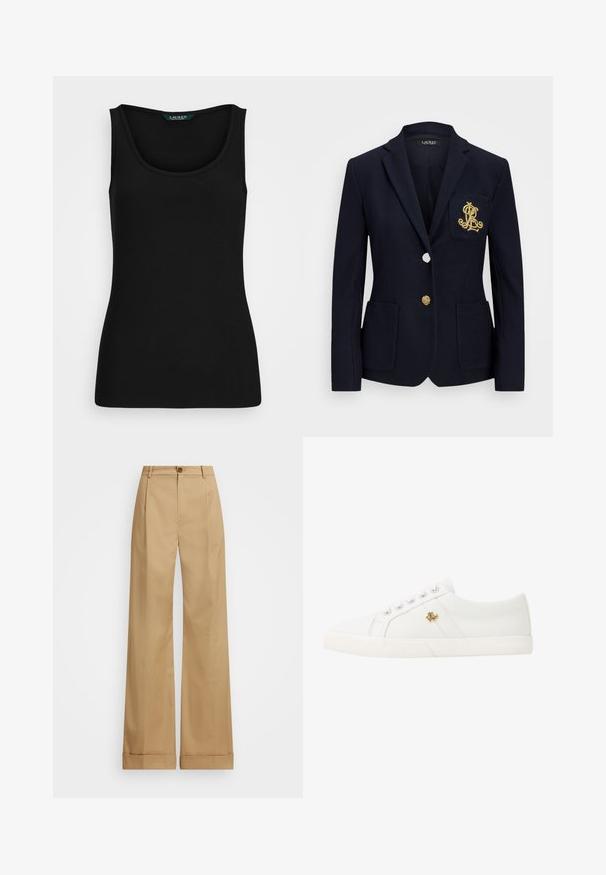 Marineblazer i teksturert stoff, med gullbeslag, enkel knappelukking og brystlomme med brodert logo.; Svart ribbestrikket tank topp med rund hals, tettsittende fasong og sømløse kanter. Stoffet er mykt og elastisk. Merket leser "LAUREN."; Beige vide bukser med knaplukning, som har en glat overflade og pressede folder. Med opsmøg for ekstra detaljer.; Lauren Ralph Lauren JANSON II CANVAS SNEAKER - Joggesko - optic white