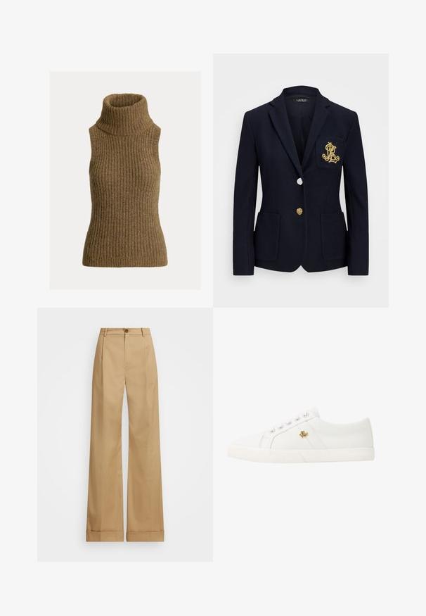 Tengerészblézer texturált anyagból, arany színű kiegészítőkkel, egy gombos záródással és mellzsebbel, amelyen hímezett logó található.; Rücskös, ujjatlan garbó pulóver meleg barna árnyalatban. Puha tapintású, testhezálló fazon, magas, kényelmes gallérral.; Beige, bő szabású nadrág gombos záródással, sima textúrával és gyűrődések nélküli fazonnal. Felhajtott szárvégek extra részletességgel.; Lauren Ralph Lauren JANSON II CANVAS SNEAKER - Sportcipő - optic white