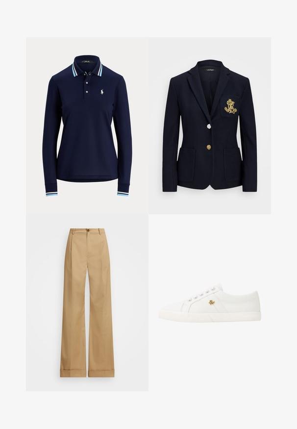 Mornarsko sako iz teksturiranega materiala, z zlatimi detajli, enojnim gumbom in žepom na prsih, ki ima izvezen logotip.; Mornarska majica s dugim rukavom v temno modri barvi z svetlo modrim in belim prugastim ovratnikom in manšetami, z gumbom zapiranjem in belim vezenim logotipom polo igralca na prsih.; Bež široke hlače s gumbom, ki imajo gladko teksturo in zamejene gube. Ob robovih so skrajšane za dodaten detajl.; Lauren Ralph Lauren JANSON II CANVAS SNEAKER - Športni copati - optic white