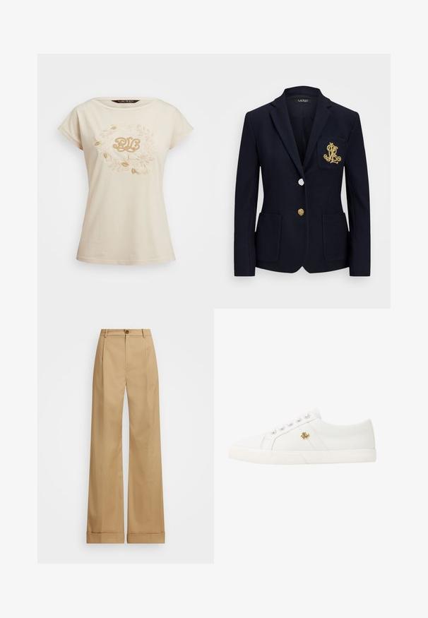 Blazer marinero con tejido texturizado, herrajes dorados, cierre de un solo botón y un bolsillo en el pecho con un logotipo bordado.; Camiseta corta de manga corta en color beige con bordado floral en tonos dorados y un logo estilizado "RL" en el centro. Material de algodón suave.; Pantalones de pierna ancha beige con cierre de botón, que presentan una textura suave y pliegues planchados. Dobladillos con puños para un detalle adicional.; Lauren Ralph Lauren JANSON II CANVAS SNEAKER - Zapatillas - optic white