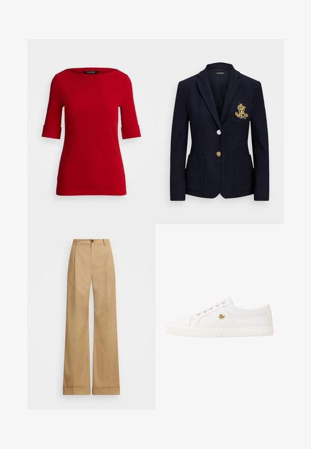 Námořnický blazer s texturovanou tkaninou, zlatými kovovými detaily, zapínáním na jeden knoflík a náprsní kapsou s vyšitým logem.; Červená přiléhavá košile s kulatým výstřihem a rukávy s délkou tří čtvrtin. Obsahuje ohrnuté manžety a hladkou texturu látky.; Béžové kalhoty širokého střihu s knoflíkovým zapínáním, které mají hladkou strukturu a stlačené záhyby. Manžety na nohavicích pro zvýraznění detailu.; Lauren Ralph Lauren JANSON II CANVAS SNEAKER - Tenisky - optic white