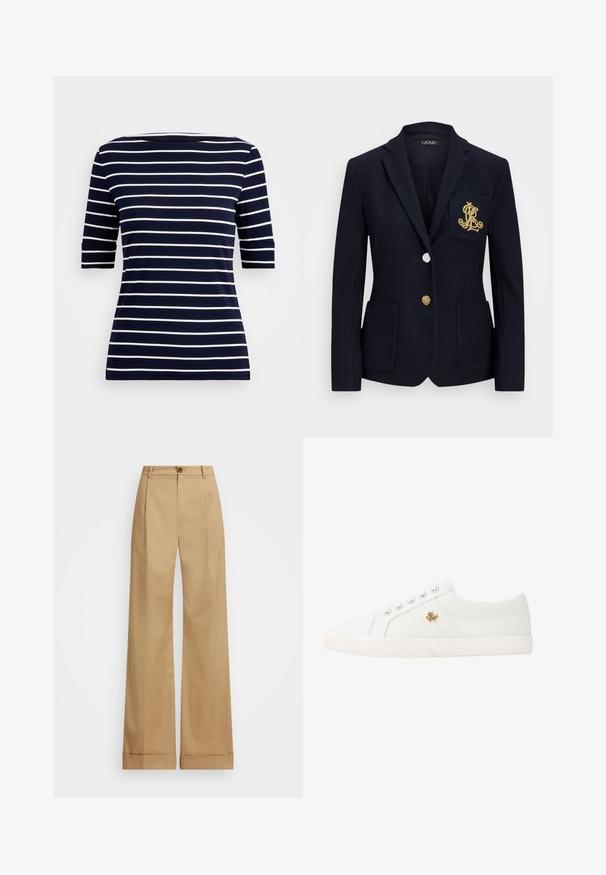 Námořnický blazer s texturovanou tkaninou, zlatými kovovými detaily, zapínáním na jeden knoflík a náprsní kapsou s vyšitým logem.; Tmavě modré tričko s horizontálními bílými pruhy, krátkými rukávy a kulatým výstřihem. Vyrobeno z hladkého materiálu s přiléhavým střihem.; Béžové kalhoty širokého střihu s knoflíkovým zapínáním, které mají hladkou strukturu a stlačené záhyby. Manžety na nohavicích pro zvýraznění detailu.; Lauren Ralph Lauren JANSON II CANVAS SNEAKER - Tenisky - optic white