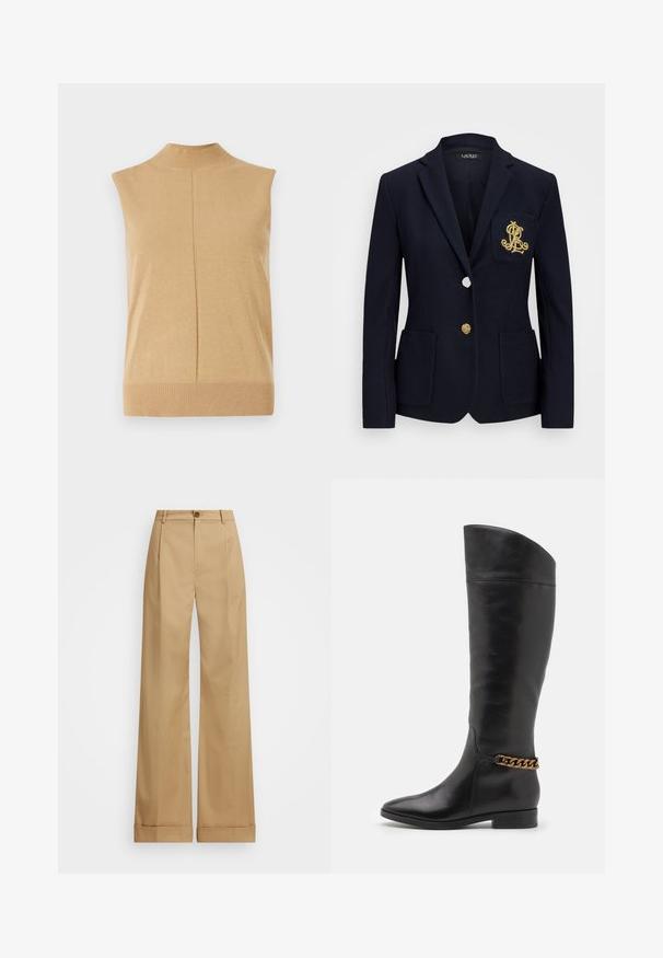 Blazer marinero con tejido texturizado, herrajes dorados, cierre de un solo botón y un bolsillo en el pecho con un logotipo bordado.; Top sin mangas y de cuello alto en suave tejido de punto beige, con dobladillo acanalado y una costura central para mayor detalle.; Pantalones de pierna ancha beige con cierre de botón, que presentan una textura suave y pliegues planchados. Dobladillos con puños para un detalle adicional.; Botas altas de cuero negro con un diseño elegante, punta afilada y un acento de cadena dorada en el tobillo. Tacón bajo tipo bloque. Textura suave.