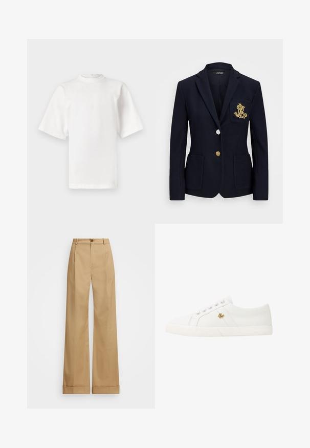 Merijatattu tummansininen bleiseri, jossa on tekstuurinen kangas, kultaiset yksityiskohdat, yksittäinen nappikiinnitys ja rintatasku, jossa on brodeerattu logo.; Valkoinen lyhythihainen puuvillapaita, jossa on korkea kaula-aukko ja suora malli. Ei näkyviä kuvioita tai yksityiskohtia. Saumadetaljit hartioissa.; Vaaleanbeige leveälahkeiset housut, joissa on nappikiinnitys. Housuissa on sileä pinta ja taitteet. Taskujen alaosat on käännetty yksityiskohtien lisäämiseksi.; Lauren Ralph Lauren JANSON II CANVAS SNEAKER - Matalavartiset tennarit - optic white
