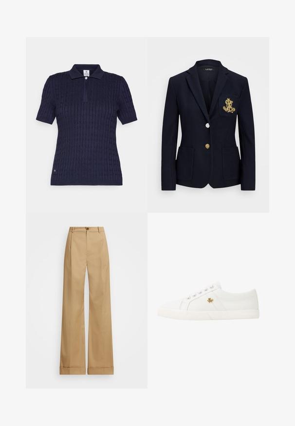 Tengerészblézer texturált anyagból, arany színű kiegészítőkkel, egy gombos záródással és mellzsebbel, amelyen hímezett logó található.; Sötétkék, rövid ujjú polo póló textúrás, kábel mintás kidolgozással, gombos gallérral és egy kis logóval az alján.; Beige, bő szabású nadrág gombos záródással, sima textúrával és gyűrődések nélküli fazonnal. Felhajtott szárvégek extra részletességgel.; Lauren Ralph Lauren JANSON II CANVAS SNEAKER - Sportcipő - optic white