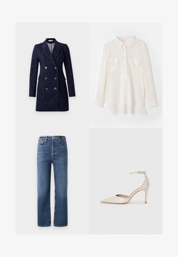 Mornarsko traper dvostruki kaput s zlatnim dugmadi, odrezanim reverima i bočnim džepovima. Ravna silueta s krojenim ramenima.; Bijela košulja s dugim rukavima od lagane tkanine. Ima klasičnu kragnu, dva džepa na prsima i blago duži stražnji rub.; Jeanice visoke struka od denima, s ravnim krojem nogavica, pet džepova i zlatnim detaljima. Glatka tekstura i klasičan dizajn.; Bijela kožna visoko potpetica s oštrim vrhom, remenom oko članaka i tankom stiletto potpeticom. Glatka tekstura s blagim sjajnim završetkom.