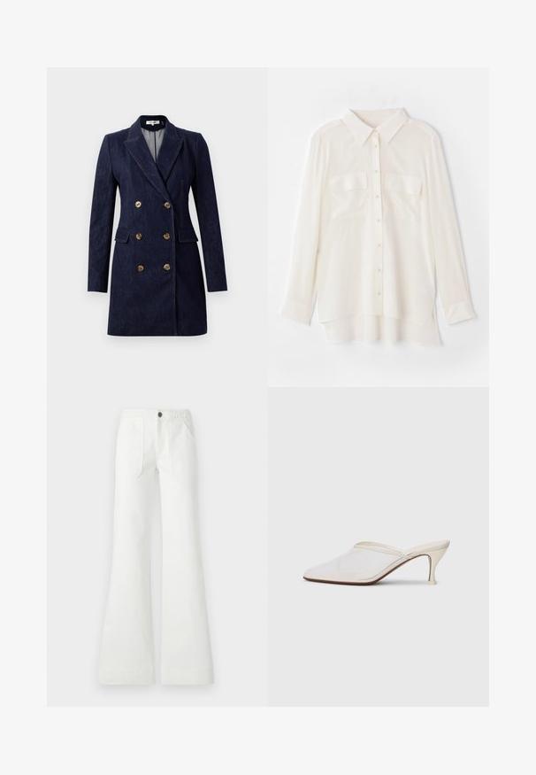 Sötétkék farmerekből készült, duplakabát arany gombokkal, kiszélesedő hajtókkal és oldalsó zsebekkel. Egyenes sziluett, testre szabott vállakkal.; Könnyű anyagból készült fehér gombos ing. Klasszikus gallérral, két mellzsebbel, és enyhén hosszabb hátsó szegéllyel rendelkezik.; Fehér, bővülő szabású nadrág, szőtt anyagból, fonott derékkal, két elülső zsebbel és sima textúrával. Fekete gombbal záródik.; Fehér hálós, hegyes orrú mules cipő, vékony, középmagas sarkával és slip-on kialakításával, egyszerű háttér előtt.