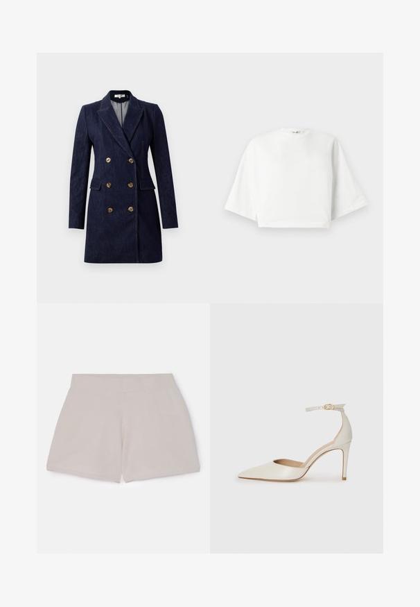 Casaco duplo em denim azul-marinho com botões dourados, lapelas recortadas e bolsos laterais. Silhueta reta com ombros ajustados.; Camiseta branca cropped com ajuste relaxado, mangas curtas largas, decote redondo e fendas laterais, feita de material de algodão macio.; Calções de algodão beje com um acabamento texturado e cintura elástica, apresentando um corte reto e sem bolsos ou detalhes visíveis.; Sapato de salto alto em pele branca com biqueira pontiaguda, faixa no tornozelo e um salto fino de stiletto. Textura suave com um leve acabamento brilhante.