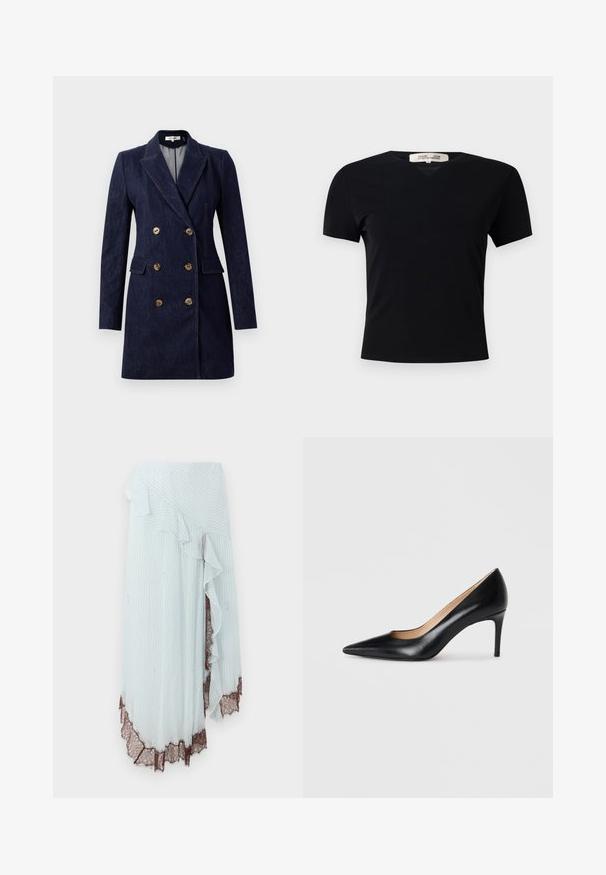 Námořnický denimový kabát s dvojitým zapínáním, zlatými knoflíky, klopami a bočními kapsami. Rovný silueta s upravenými rameny.; Černé tričko s krátkým rukávem a výstřihem do V, vyrobené z hladkého, elastického materiálu. Obsahuje jednoduchý, klasický střih bez ozdob.; Světle modrá zavinovací sukni s vertikálními bílými pruhy, s volánkovým okrajem a komplikovanou hnědou krajkovou lemovkou na spodním lemu.; Černé kožené lodičky na vysokém podpatku s špičatou špičkou, elegantním siluetou a hladkým povrchem. Mají tenký podpatek a nízký střih po stranách.