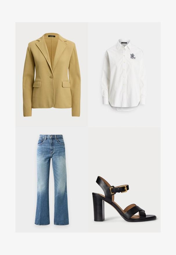 Lauren Ralph Lauren COTTON-BLEND SWEATER BLAZER - Adīta jaka - camel; Balta kokvilnas krekla ar garām piedurknēm, smailu apkakli un tumši zilā krāsā izšūtu logo uz kreisā krūtīm. Apļa formas apakšmala.; Gaiši zili augstās jostasvietas džinsi, ar plašu kāju griezumu, izbalējušu tekstūru, piecām kabatām un metāla pogu aizdari.; Melnas ādas papēžu sandales ar pārklājošu siksnu dizainu un sprādzi. Iezīmējas ar masīvu papēdi un gludu tekstūru.