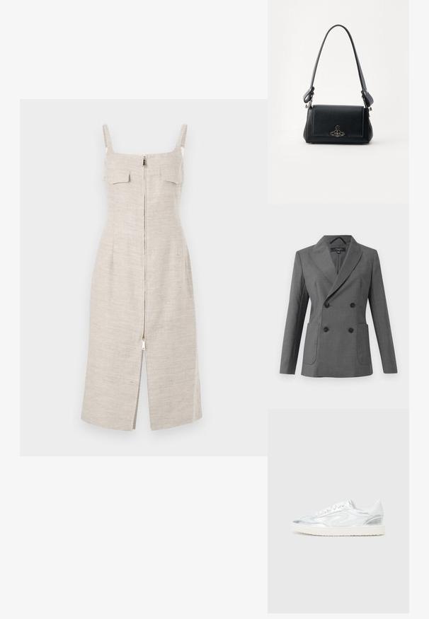 Szürke, dupla soros zakó széles hajtókával, négy fekete gombbal, két elülső zsebbel és hosszú ujjakkal, fehér háttér előtt bemutatva.; Beige vászonruha testhezálló fazonnal, állítható vállpántokkal, két elülső zsebbel és középen végig húzódó zipzárral a nyaktól az alsó szegélyig.; Fehér sportcipők fényes ezüst díszítéssel, sima felülettel, kerek orral, lapos talppal és hagyományos fűzős kialakítással.; Fekete bőr kézitáska texturált felülettel, téglalap alakú, állítható pánttal és fém logó díszítéssel az elülső részen.