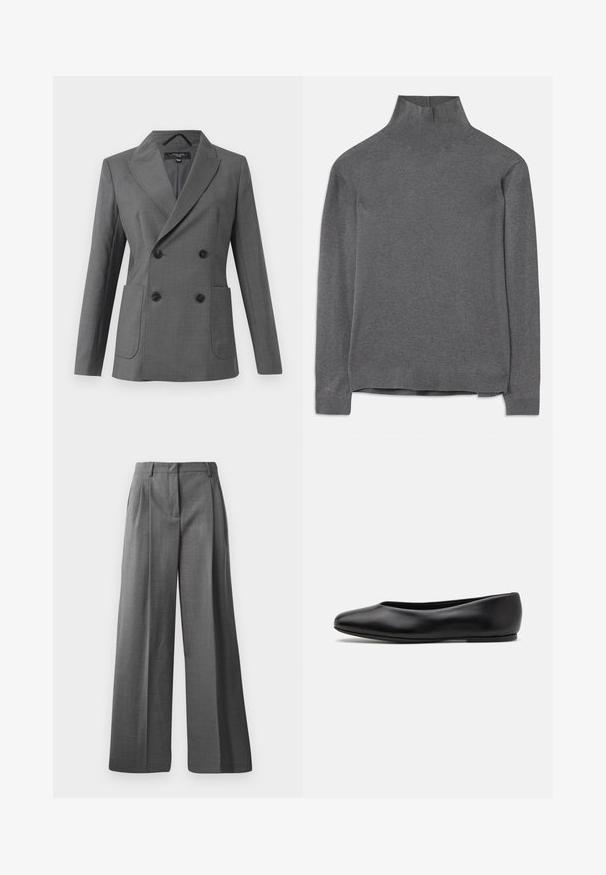 Harmaa kaksirivinen bleiseri leveillä läpillä, neljällä mustalla napilla, kahdella etupussitaskulla ja pitkillä hihoilla, esitetty valkoista taustaa vasten.; Harmaa poolopaita pehmeästä kankaasta, jossa on pitkät hihat, joustavat kaula-aukko ja helma, ja löysä istuvuus. Sujuva tekstuuri ja yksinkertainen muotoilu.; Valkoinen pitkähihaista nappipaitaa, jossa on kärjellinen kaulus, yksi rintatasku ja käänteet hihansuissa. Valmistettu sileästä, kevyestä kankaasta.; Harmaat, leveät housut, jotka on valmistettu teksturoidusta kankaasta, jossa on hienovarainen kuvio. Ominaisuuksiin kuuluu etupleisi ja vyötärö, jossa on vyölenkit.; Paul Smith TOPANGA - Ballerinat - black