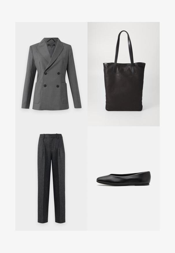 Siva blazer z dvojno zapenjanjem s širokimi reverji, štirimi črnimi gumbi, dvema prednjima žepoma s patenti in dolgimi rokavi, prikazan na beli podlagi.; Bela srajca z dolgimi rokavi in gumbi z ostrim ovratnikom, z enim žepom na prsih in manšetami. Narejena iz gladkega, lahkega materiala.; Krojene hlače iz temno sive tkanine z svetlimi črtami, z ravnim krojem, sprednjimi pregibi in gladko teksturo.; Paul Smith TOPANGA - Balerinke - black; Črna platnena torba s črnimi usnjenimi ročaji. Preprost dizajn, prostorna notranjost in gladka tekstura. Brez vidnih logotipov ali vzorcev.
