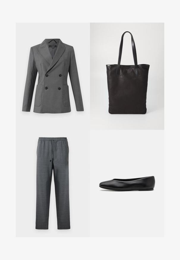Sivo dvostruko zatvoreno blejzer s širokim reverima, četiri crna gumba, dva prednja patentna džepa i dugim rukavima, prikazan na bijeloj pozadini.; Bijela košulja dugih rukava s gumbima i oštrom kragnom, jednim džepom na prsima i manžetama. Izrađena od glatkog, laganog materijala.; Tamno sive hlače od teksturirane tkanine, s elastičnim pojasom i podesivim vezicem. Ravne nogavice bez džepova.; Paul Smith TOPANGA - Balerinke - black; Crna platnena torba s crnim kožnim ručkama. Jednostavan dizajn, prostrano tijelo i glatka tekstura. Bez vidljivih logotipa ili uzoraka.