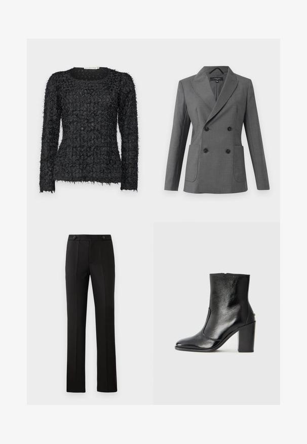 Grijze dubbelgebreide blazer met brede revers, vier zwarte knopen, twee voorzakken en lange mouwen, gepresenteerd op een witte achtergrond.; Zwarte gebreide lange mouw trui met een unieke gelaagde ontwerp, voorzien van rafelige garenaccenten en een ronde halslijn.; Zwarte op maat gemaakte broek met een rechte pijp, twee voorzakken, een knoopsluiting en plooien aan de voorkant. Glad textuur van de stof.; Zwarte leren enkelboot met een gladde textuur, spitse neus en een gedurfde hoge hak. Beschikt over een zijopening en een minimalistisch ontwerp.