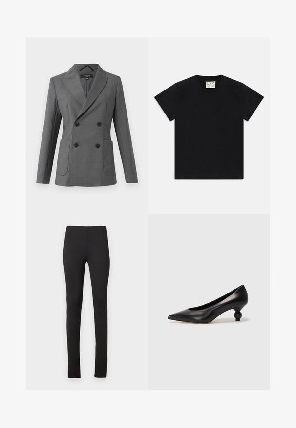 Kaksiridadega hall bleiser laia kraega, nelja musta nööbiga, kahe eesmise taskuga ning pikkade varrukatega, esitatud valgel taustal.; Must valge lühikeste varrukatega T-särk ümarast kaelusest mustal taustal, mille krae sees on valge silt, kus on kirjas "D.R.C. EST. 2002".; Mustad mustad retuusid, mis on valmistatud venivast kangast, millel on sobiv disain ja puhtad jooned, ilma taskute või kaunistusteta.; Must musta kõrge kontsaga king, millel on terav nina ja ümar, pallikujuline konts. Sile pind ja elegantne, minimalistlik disain.