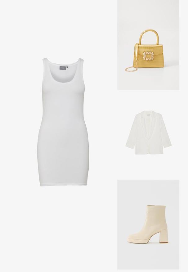 White blazer with a shawl lapel, long sleeves, two front pockets, and a single-button closure, featuring a smooth fabric texture.; White tank dress with a scoop neckline, made from smooth, stretchy fabric. Sleeveless design with a fitted silhouette reaching mid-thigh.; Beige leather ankle boot with block heel and platform sole, smooth finish, and slightly squared toe facing left on white background.; Yellow faux-crocodile handbag with a structured design, top handle, detachable chain strap, and decorative crystal embellishment on the clasp.