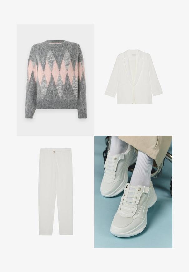 Biała marynarka z szalowym kołnierzem, długimi rękawami, dwiema kieszeniami z przodu i zapięciem na jeden guzik, o gładkiej teksturze materiału.; Szary wełniany sweter z różowym i jasnoszarym wzorem w romby. Okrągły dekolt i ściągacz na dole. Miękka tekstura, długie rękawy.; Białe, dopasowane spodnie z prostymi nogawkami, posiadające zapięcie na guzik, szlufki na pasek oraz kieszenie boczne; gładka tekstura materiału.; Białe sneakersy z siateczkowego materiału, gumową podeszwą, bezsznurowym designem z elastycznymi paskami oraz złotymi akcentami.