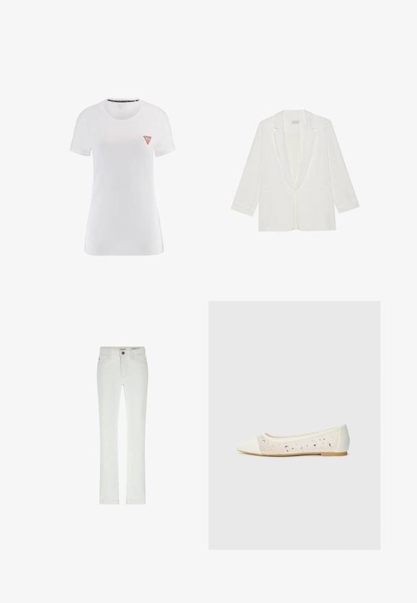 Witte blazer met een sjawlklep, lange mouwen, twee voorkwesten en een sluiting met één knoop, met een gladde stoftextuur.; Witte katoen t-shirt met korte mouwen en een klassieke ronde halslijn, met een rood driehoekig logo op de linkerborst.; Witte jeans met een slanke pasvorm, 5 zakken en contrasterende stiknaden. Beschikt over een knoopsluiting en een subtiele merklabel op de tailleband.; Puntige ballerina in crème leer met transparante bovenkant, versierd met verspreide rhinestones. Zachte zool voor comfort, minimalistisch ontwerp.