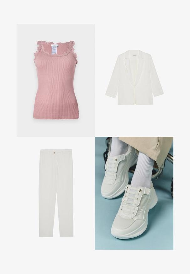 Hvit blazer med sjal revers, lange ermer, to frontlommer og envelers lukking, med en glatt stofftekstur.; Ribbete rosa tanktop med blondekant langs halsen og armhullene, med en tettsittende design og en etikett synlig bak.; Hvite, skreddersydde bukser med rette ben, med knapplukking, beltehemper og sidelommer; glatt tekstur.; Hvite sneakers med mesh-materiale, gummisåle, snøret design uten laces og elastiske bånd, samt gulltone detaljer.