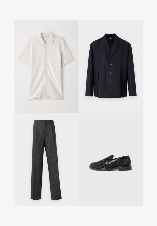 Blazer blu scuro con righe verticali, design monopetto, spalle strutturate, cinque bottoni e rever a punta.; Polo a maniche corte, con bottoni, di colore beige chiaro con una texture sottile e etichetta "Tiger of Sweden" all'interno del colletto.; Pantaloni grigi su misura realizzati in tessuto strutturato, con due pieghe frontali e un design a gamba dritta. Nessuna tasca o decorazione visibile.; Scarpa nera a mocassino intrecciata con un accentuato in pelle liscia sulla parte superiore, design a punta rotonda e suola in gomma a profilo basso.