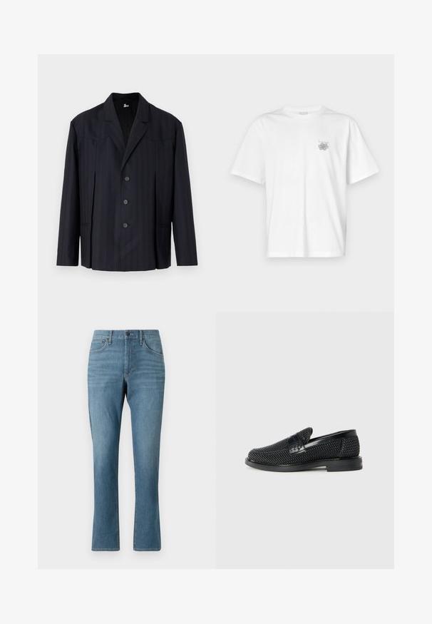 Blazer bleu marine foncé avec des rayures verticales, conception à un bouton, épaules structurées, cinq boutons et col cranté.; T-shirt blanc en coton avec des manches courtes, un col ras du cou et un petit logo gris sur la partie gauche de la poitrine. Texture lisse.; Jean en denim bleu clair avec une coupe droite, comprenant des poches avant et arrière, une fermeture éclair, et un léger délavage dans le tissu.; Chaussure slip-on tissée noire avec un accent en cuir lisse sur le dessus, un design à bout rond et une semelle en caoutchouc à profil bas.