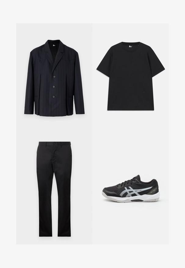 Blazer bleu marine foncé avec des rayures verticales, conception à un bouton, épaules structurées, cinq boutons et col cranté.; T-shirt noir à manches courtes en coton, avec un col rond et un petit logo près de l'ourlet. Texture lisse, coupe régulière.; Pantalon en coton noir avec une coupe droite, doté d'une fermeture à bouton à l'avant et de poches latérales, texture lisse, sans motifs visibles.; Chaussure de sport noire avec tige en maille, logo argenté réfléchissant, semelle en caoutchouc et accents blancs. Comprend un collier rembourré et une conception durable.