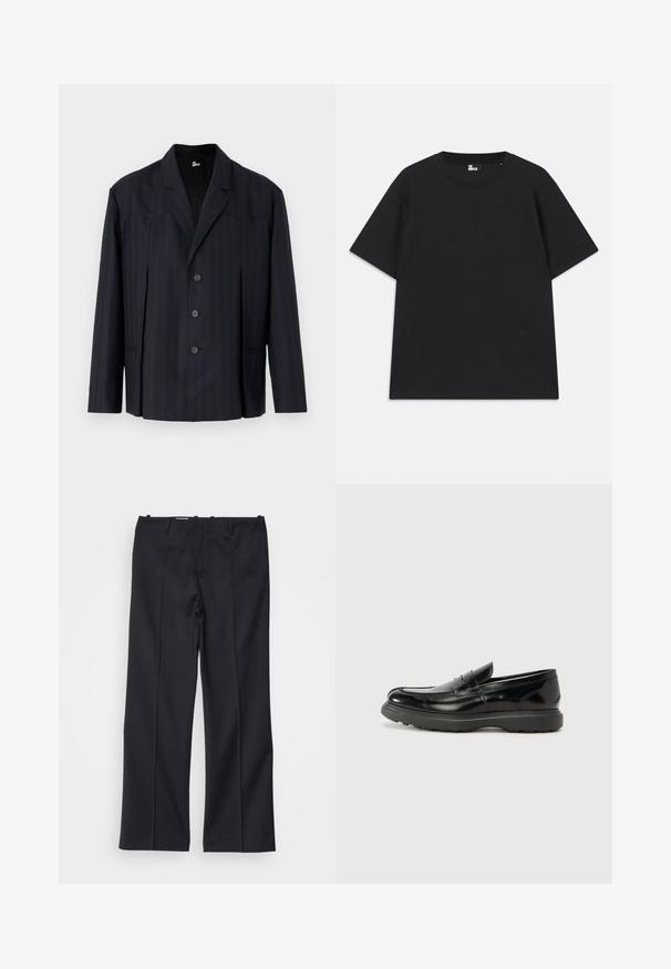 Ciemnoniebieski żakiet z pionowymi prążkami, zapinany na jeden guzik, z wyraźnymi ramionami, pięcioma guzikami i kołnierzem notch.; Czarna koszulka z krótkim rękawem wykonana z bawełny, z okrągłym dekoltem i małym detalem logo blisko dolnej krawędzi. Gładka faktura, standardowy krój.; Filippa K - Spodnie materiałowe; Czarne skórzane mokasyny o błyszczącym wykończeniu, zaokrąglonym nosku, subtelnych detalach szycia i grubym gumowym spodzie dla trwałości.