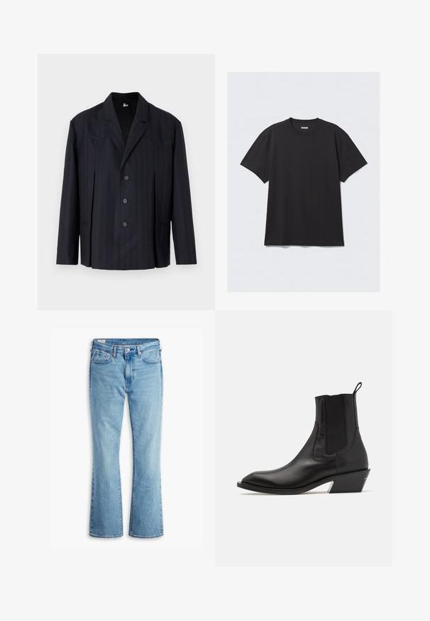 Ciemnoniebieski żakiet z pionowymi prążkami, zapinany na jeden guzik, z wyraźnymi ramionami, pięcioma guzikami i kołnierzem notch.; Czarna koszulka z krótkim rękawem wykonana z bawełny. Posiada okrągły dekolt i luźny krój. Prosty design, bez widocznych wzorów czy akcentów.; Jasnoniebieskie dżinsy w stylu dzwonowym z wysokim stanem, z kieszeniami z przodu, z zapięciem na guzik oraz z wyblakłą teksturą dla vintage'owego wyglądu.; Czarne skórzane botki za kostkę z ostrym noskiem, elastycznymi bocznymi panelami i niskim słupkowym obcasem z metalicznym akcentem. Zawierają pętelkę do zakładania.