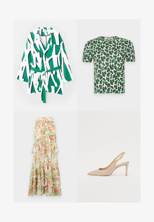 Knopshirts met lange mouwen, abstract groen en marineblauw patroon op een witte achtergrond, inclusief een tailleband en twee borstzakken.; Groene bloemen top met korte mouwen, versierd met grote bladerenpatronen op een witte achtergrond, gemaakt van lichtgewicht, rekbaar materiaal.; Florale maxi rok met een crèmekleurige achtergrond, oranje en groene bloemenprint, gerimpelde lagen en een aansluitend tailleontwerp.; Puntige slingback schoen in metallic gouden stof met subtiele textuur, met een slanke hak en een ronde sluiting bij de enkel.