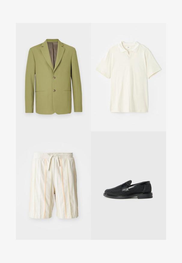 Olivgrüner Blazer mit strukturierter Gestaltung, Reverskragen, zwei Fronttaschen und brauner Innenbeschichtung. Mit einem Zwei-Knopf-Verschluss.; Cremefarbenes Poloshirt mit klassischem Kragen, kurzen Ärmeln und leichtem V-Ausschnitt am Hals. Glatte Textur und minimales Design.; Weiße leichte Shorts mit vertikalen Streifen in Orange, Gelb und Grün. Mit einem elastischen Bund und einem Kordelzugverschluss.; Schwarzer geflochtener Slipper mit einem glatten Lederakzent im Obermaterial, einem runden Zehendesign und einer flachen Gummisohle.