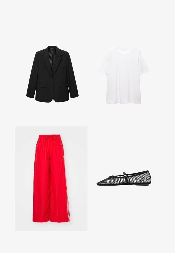 Crna blazer jakna s elegantnim dizajnom, jedno dugme za zatvaranje, revere ovratnik, dva prednja džepa i glatka unutrašnjost. Prilagođen kroj.; Obična bijela majica od pamuka s okruglim izrezom, kratkim rukavima i ležernim krojem. Glatka tekstura bez uzoraka ili dodataka.; Crvene široke hlače od laganog materijala, s bijelim bočnim trakama i elastičnim pojasom sa vezicom.; Crne mrežaste balerinke s oštrim nosom, ukrasnom trakom i suptilnim naglaskom. Imaju otvoreni mrežasti dizajn i ravni potplat.