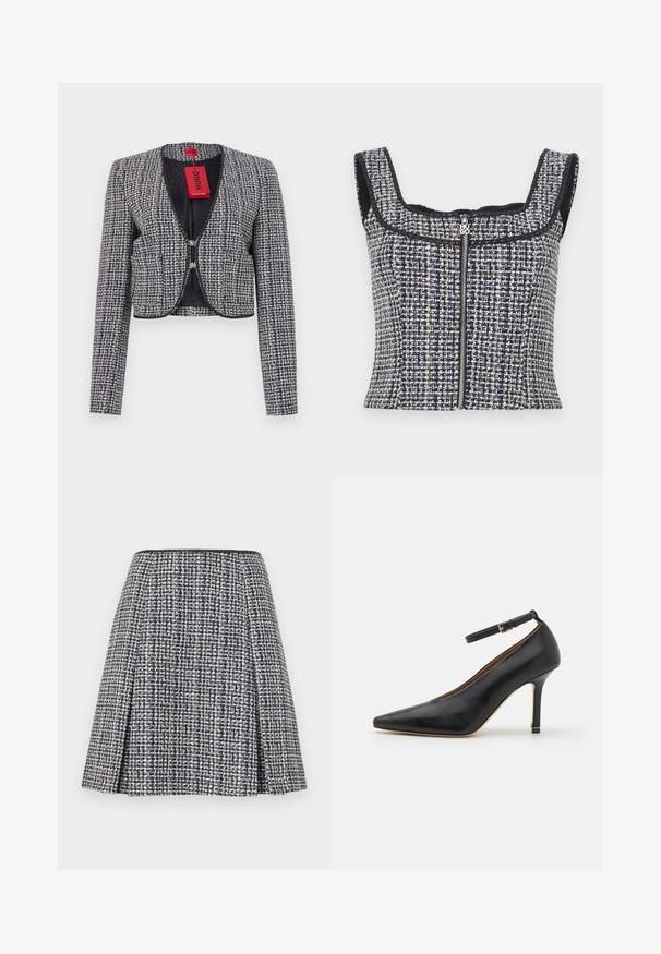 Lühendatud jakk kootud tumesinine ja valge kangas. Omab ümmargust kaelust, ees klammerduskinnitust ja pikki varrukaid. Kaasa tuleb silt.; Tumed ja valge tweedist lühike topp ruudukujulise kaelusega, ilma varrukateta disain, ning eesmine tõmblukk koos bränditud tõmblukuga.; Tumes sinine villane seelik tekstuuriga mustriga, laienev siluett ja voltidega. Vöökoht on must, rõhutades seeliku disaini.; Must musta kõrge kontsaga king, terava varbaga, pohlavööga ja peene kontsaga. Sile tekstuur koos kuldse aktsendiga kontsa aluses.