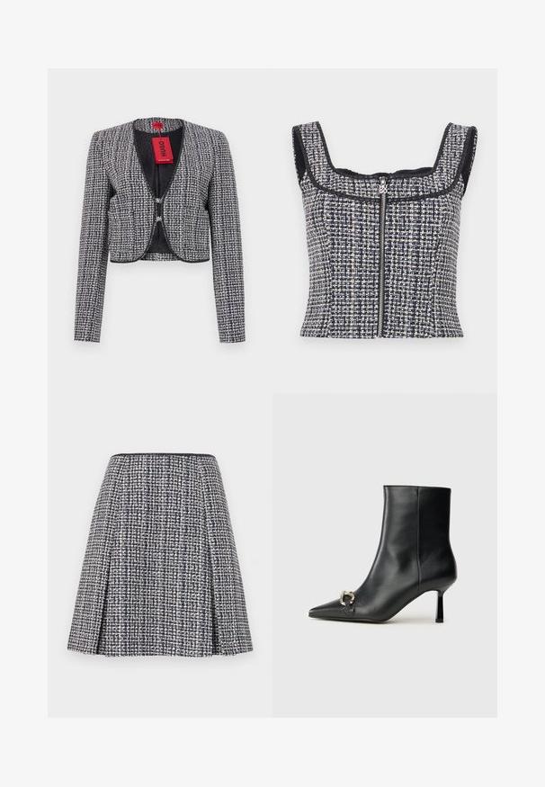 Cropped jacket in woven navy and white fabric. Features a rounded neckline, hook closure at the front, and long sleeves. Includes a tag.; Navy and white tweed cropped top with a square neckline, sleeveless design, and a front zipper featuring a branded pull tab.; Navy tweed skirt with a textured pattern, flared silhouette, and pleats. The waistband is black, emphasizing the skirt's design.; Black leather ankle boot with pointed toe, slim mid-height heel, and silver buckle detail on side against plain background.