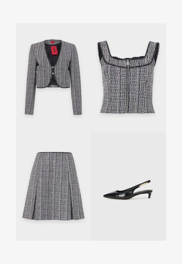 Lühendatud jakk kootud tumesinine ja valge kangas. Omab ümmargust kaelust, ees klammerduskinnitust ja pikki varrukaid. Kaasa tuleb silt.; Tumed ja valge tweedist lühike topp ruudukujulise kaelusega, ilma varrukateta disain, ning eesmine tõmblukk koos bränditud tõmblukuga.; Tumes sinine villane seelik tekstuuriga mustriga, laienev siluett ja voltidega. Vöökoht on must, rõhutades seeliku disaini.; Mustad nahast slingback kontsad terava ninaga, millel on õhuke konts ja kuldse tooni aktsent reguleeritaval rihmal. Sile tekstuur.