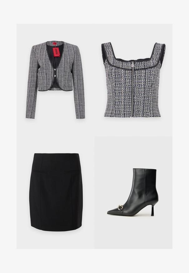 Kratka jakna od tkanine u tamnoplavoj i bijeloj boji. Ima zaobljeni izrez, kopčanje na kuku sprijeda i duge rukave. Uključuje oznaku.; Tamnoplavi i bijeli tweed kratki top s četvrtastim dekolteom, bez rukava i prednjim zatvaračem sa oznakom brenda na ručici.; Crna olovka suknja napravljena od glatkog materijala, s prilagođenim dizajnom, dva prednja džepa i dužinom do koljena.; Crne kožne gležnjače s nazupčanim prstom, uskim srednje visokim potpeticama i detaljem srebrne kopče sa strane na jedinstvenoj pozadini.