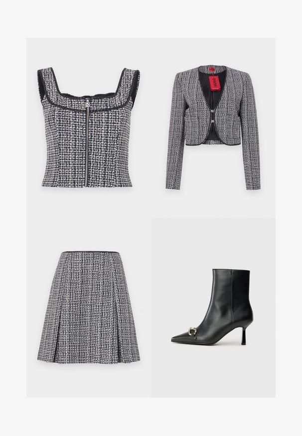 Veste cropped en tissu tissé bleu marine et blanc. Elle présente un col rond, une fermeture à crochets à l'avant et des manches longues. Comprend une étiquette.; Top court en tweed bleu marine et blanc avec un encolure carrée, sans manches et une fermeture éclair à l'avant avec un tirette de marque.; Jupe en tweed marine avec un motif texturé, silhouette évasée et plis. La taille est noire, mettant en valeur le design de la jupe.; Bottine en cuir noir avec un bout pointu, un talon moyen fin et un détail de boucle en argent sur le côté, se détachant sur un fond uni.