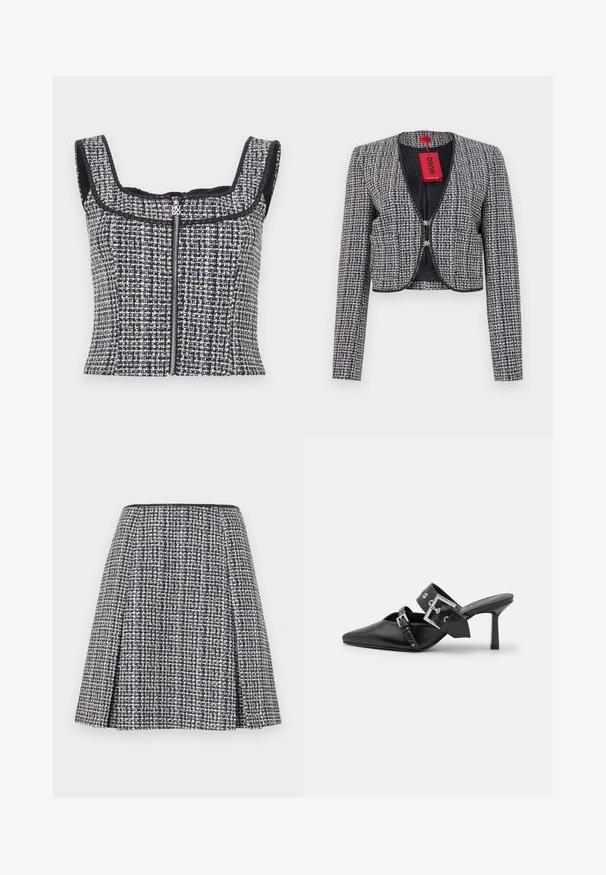 Cropped jakke i vævet marineblå og hvidt stof. Har en rund halsudskæring, hægte-lukning foran og lange ærmer. Inkluderer en etiket.; Marineblå og hvid tweed cropped top med firkantet udskæring, ærmeløs design og en lynlås foran med en mærkevare trækstang.; Marineblå tweednederdel med et struktureret mønster, flagrende silhuet og plisseringer. Livremmen er sort, hvilket fremhæver nederdelens design.; Sorte højhælede mules med spids tå, lavet af glat læder. Har et bredt ankelrem med en firkantet sølv spænde og nitter.