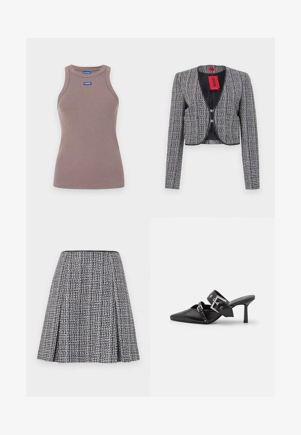 Veste cropped en tissu tissé bleu marine et blanc. Elle présente un col rond, une fermeture à crochets à l'avant et des manches longues. Comprend une étiquette.; Débardeur marron à côtes avec un col rond, sans manches, et une petite étiquette logo bleue à l'avant. Texture lisse, forme ajustée.; Jupe en tweed marine avec un motif texturé, silhouette évasée et plis. La taille est noire, mettant en valeur le design de la jupe.; Mules noires à talons hauts avec un bout pointu, en cuir lisse. Dotées d'une large sangle à la cheville avec une boucle carrée en argent et des clous.