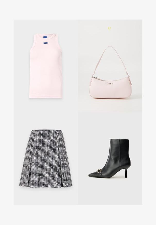 Kuttet jakke i vevd marineblå og hvit stoff. Har en rund halslinning, krok-lukking foran, og lange ermer. Inkluderer et merke.; Lyserosa ermeløs tanktop laget av ribbestrikket stoff. Har to blå "HUGO"-logoer foran nær utskjæringen. Glatt tekstur.; Marineblå tweed skjørt med et teksturert mønster, utvidet silhuett og folder. Livdelen er svart, noe som fremhever skjørtets design.; Sorte lær ankle boot med spiss tå, slank mid-høyde hæl og sølvspenne på siden mot en enkel bakgrunn.; Rosa lærveske med en buet design, glidelås-lukking og en skulderrem. Utstyrt med en sølv-logo foran.
