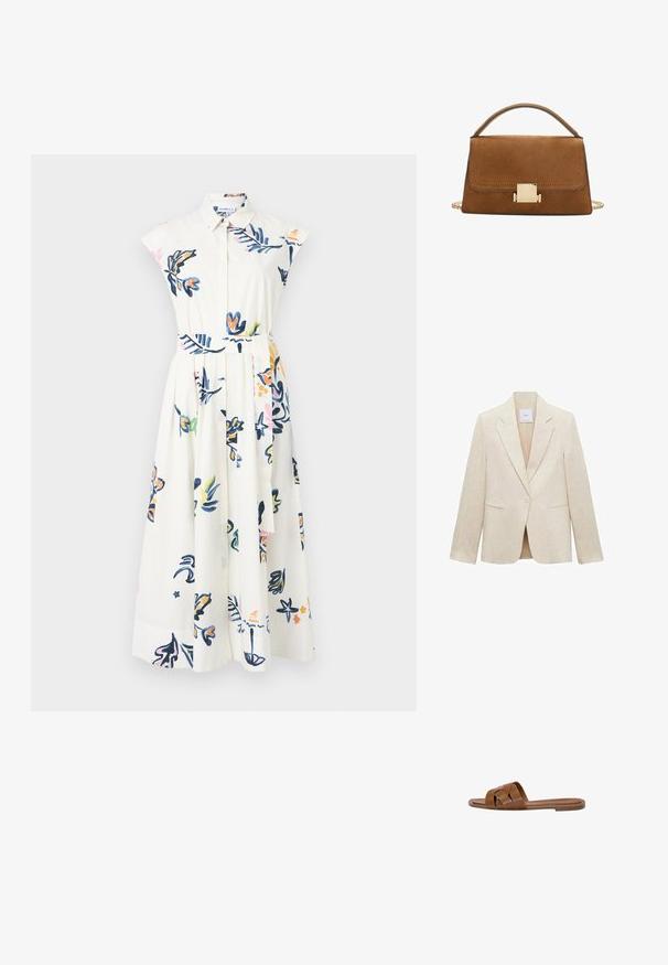 Svetlobežový blejzer vyrobený z ľanu, s klopovým golierom, jedným gombíkom na zapínanie, dvoma prednými vreckami a strihom na mieru.; Biela šatová šaty s krátkymi rukávmi, kvetinové vzory v modrej, ružovej a zelenej farbe, predné zapínanie na gombíky a textilný opasok v oblasti pása.; Hnedé kožené šľapky s krížovými popruhmi, plochou podrážkou a hladkým povrchom. Jednoduchý dizajn bez ozdôb alebo vzorov.; Hnedá semišová kabelka so zlatým štvorcovým uzávery, hornou rukoväťou a reťazovým popruhom. Má obdĺžnikový tvar a zaoblené okraje.
