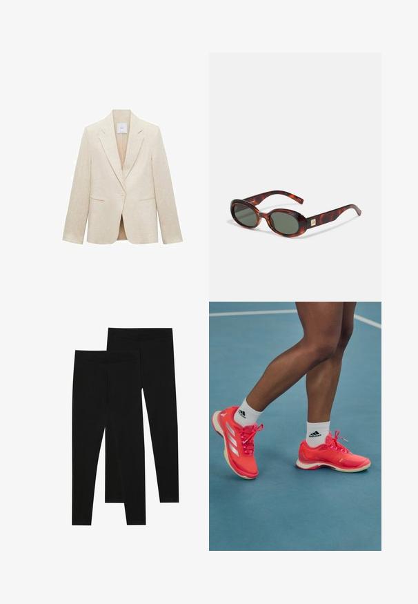Helles beiges Blazer aus Leinen, mit Reverskragen, einem Knopfverschluss, zwei Fronttaschen und einer taillierten Passform.; Zwei nahtlose Schlauchschals: einer schwarz und einer weiß. Beide bestehen aus weichem, dehnbarem Material und haben eine glatte Textur ohne Muster.; Schwarze Leggings aus dehnbarem Stoff, mit einem nahtlosen Bund und einer schmalen Passform, geeignet für Freizeit oder Sport.; Helle pinkfarbene Sportschuhe mit weißen Akzenten und Schnürsenkeln, die eine glatte Textur und eine Gummisohle aufweisen, getragen mit weißen Adidas-Socken.; Schildkrötenmuster Sonnenbrille mit dunklen Gläsern, ovaler Form und breiten Bügeln. Verfügt über eine kleine goldene Akzentuierung an der Seite. Hergestellt aus glattem Kunststoff.
