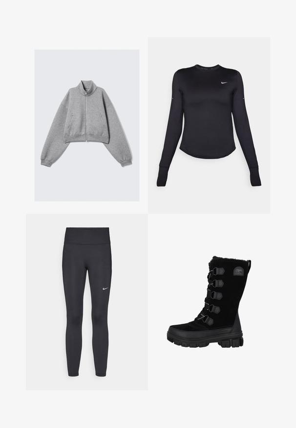 Grijze cropped zip-up jack met hoge kraag, lange mouwen en met rits afgesloten zijzakken, gepresenteerd op een effen witte achtergrond.; Zwarte lange mouwen sportshirt van soepel, rekbaar materiaal. Heeft een afgeronde zoom en een klein wit Nike-logo op de borst.; Zwarte legging van rekbare stof met een hoge tailleband en een wit Nike-logo op de linkerdij. Gladde textuur, aansluitend ontwerp.; Zwarte waterdichte winterlaarzen met een bovenwerk van suede, een faux-fur kraag en een rubberen zool. Voorzien van een veterontwerp met hexagonale oogjes en een logo patch.