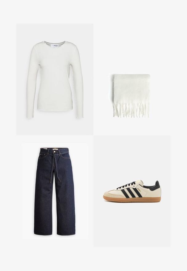 Siva skraćena jakna s patentnim zatvaračem i visokim ovratnikom, dugim rukavima i bočnim džepovima sa patentnim zatvaračem, prikazana na jednostavnoj bijeloj pozadini.; Dugi rukav bijela rebrasta majica s zaobljenim izrezom, sa sirovim rubovima i uskim krojem. Napravljena od mekanog materijala.; Široke tamnoplave traperice s visokim strukom, s vezicom, pet džepova i kontrastnim detaljima šavova.; Bež sportski cipela s crnim prugama, gumeni potplat i crni dodaci. Ima glatku kožnu gornju stranu i dizajn s zaobljenim vrhom.; Bijela fleece šal s resastim rubovima, meke teksture i pravokutnog oblika. Pogodan za slojevito nošenje i pružanje topline.