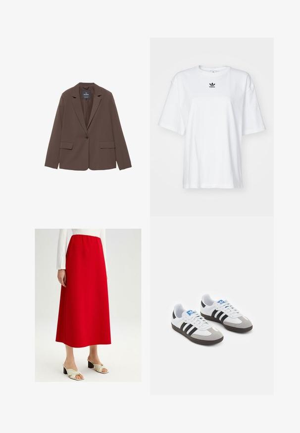 Bruine blazer met een gelapte kraag, enkele knopen sluiting en twee voorkeurszakken. Gemaakt van een gladde stof met een getailleerde pasvorm.; Witte korte mouwen t-shirt van katoen. Voorzien van een ronde hals en een klein zwart Adidas-logo op de borst. Rechthoekige zoom.; Rode A-lijn rok gemaakt van soepel materiaal met een elastische tailleband. Gepaard met crèmekleurige instapschoenen met een knoopdetail.; Sportschoenen met een witte leren bovenkant, grijze suède neus en drie zwarte strepen. Bevat een blauw logo op de tong en een gestructureerde rubberen zool.