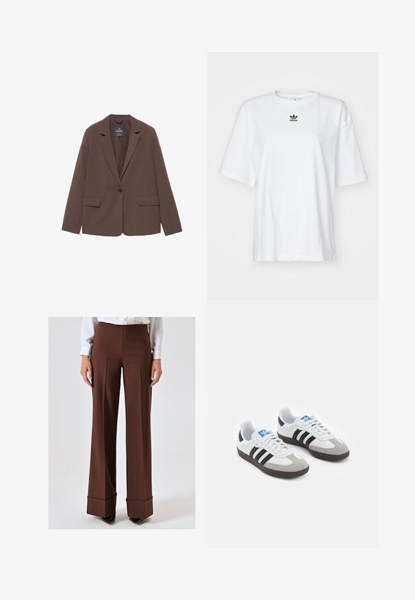 Blazer marron avec un col cranté, fermeture à un bouton et deux poches avant. Fabriqué en tissu lisse avec une coupe ajustée.; T-shirt blanc à manches courtes en coton. Avec un col rond et un petit logo Adidas noir sur la poitrine. Ourlet droit.; Pantalons marron à jambes larges en tissu lisse, avec une taille haute, des plis à l'avant et des poignets repliés. Portés avec un chemisier blanc et des chaussures noires.; Baskets avec une tige en cuir blanc, un bout en daim gris et trois bandes noires. Présente un logo bleu sur la languette et une semelle en caoutchouc texturée.